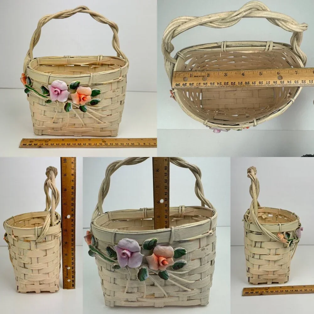 Vtg Wall Basket White Wicker Flowers Rose Green‎ Leaves Hard Rustic Wedding READ